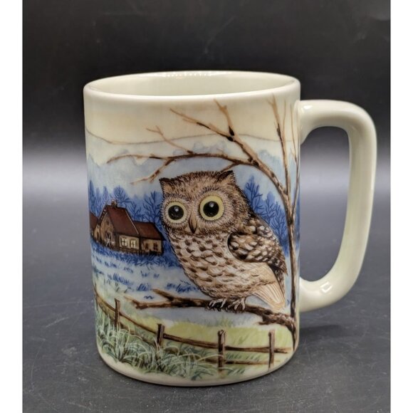 Vintage Otagiri Owl Coffee Cup Tea Mug 10 ounce Barn Farm Landscape Japan - Picture 1 of 6